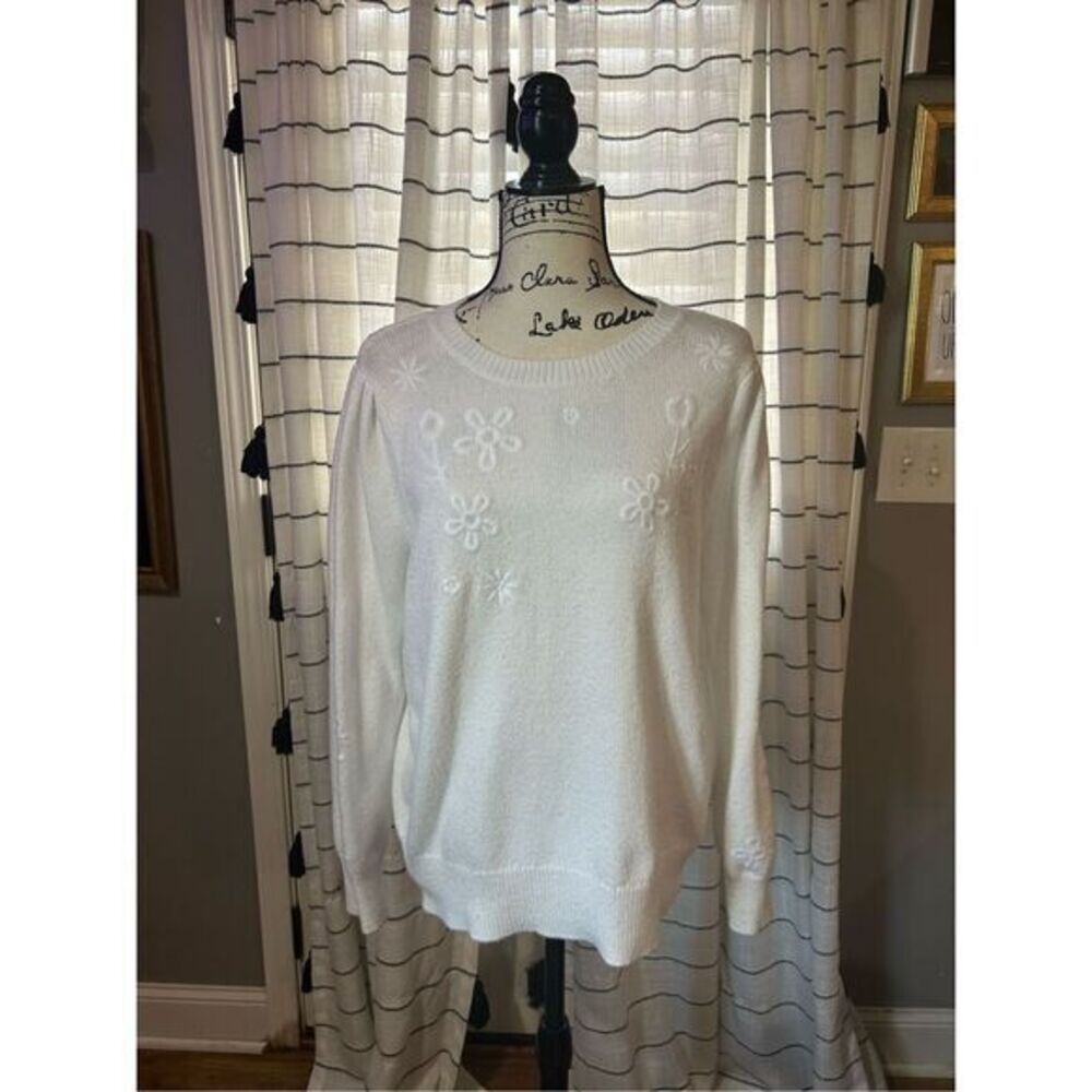 Crown & Ivy Cream Knit Floral Crew Neck Sweater with Puff Sleeve Size XXL